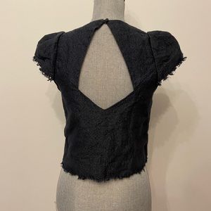 [BUNDLE 2/$15]  H&M Linen Navy Frayed Puff Sleeve Top